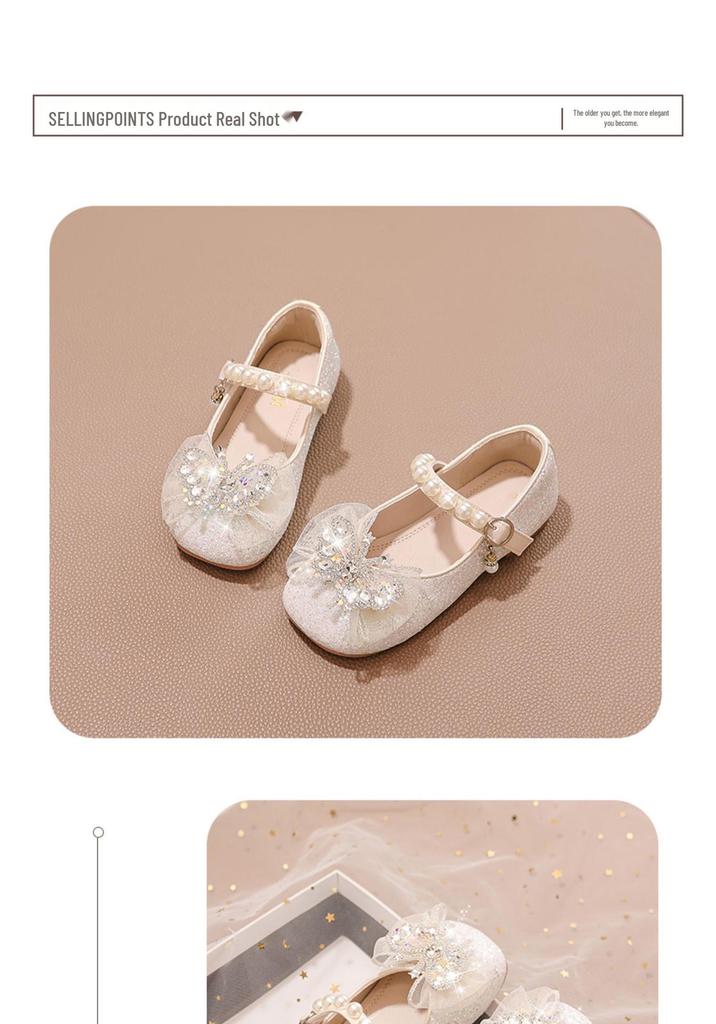 2026 Spring Girls' Princess Leather Shoes with Rhinestone Bow & Soft Sole