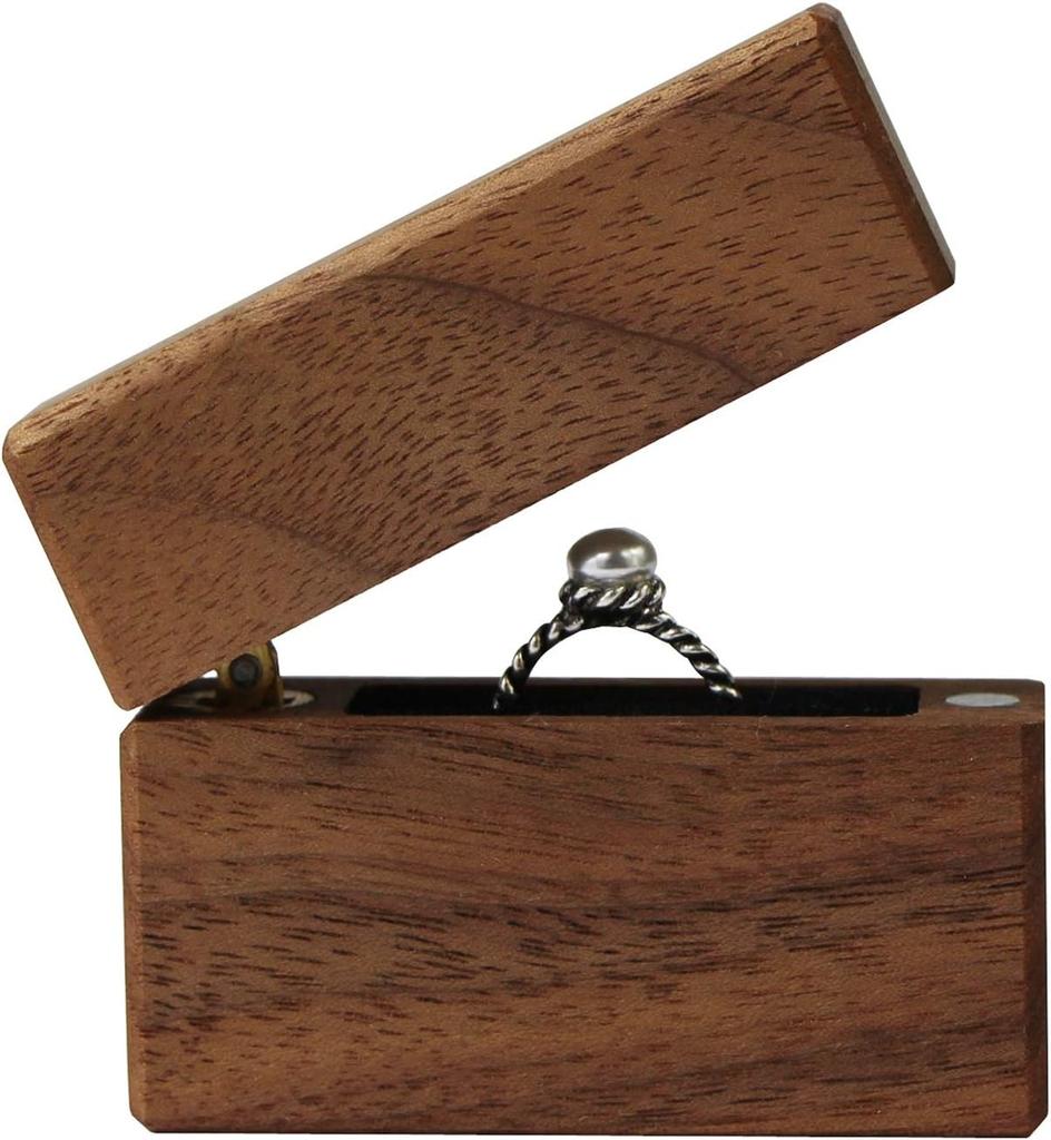 Wood Ring Box Portable Jewelry Box, Walnut Slim Ring Case for Proposal, Engagement, Wedding, Anniversary, Valentine's Day (U01-THX)