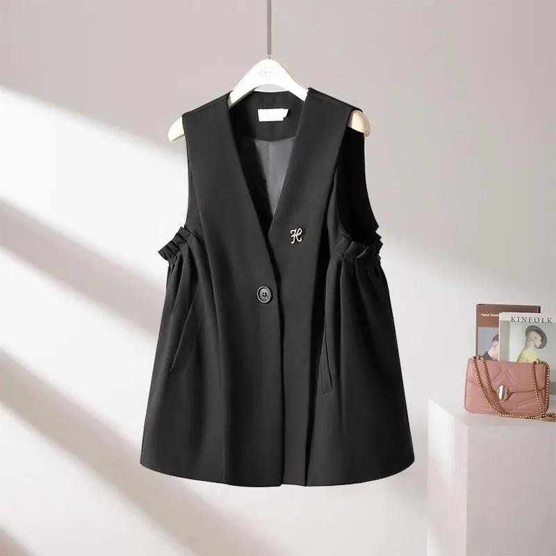 Damen Westenmantel Frühling Ärmellos Mode Damen Weste Jacke Koreanische Version Temperament Einfarbig Dame Pferdeclip