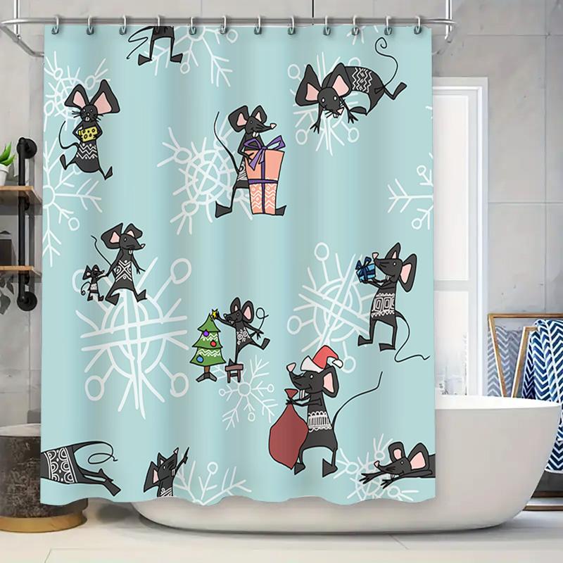 

Festive Mice Christmas Shower Curtain Blue White Snowflake Pattern with Black Mouse Decorations 72 x 72 Inches for Bathroom Deco 90x180cm
