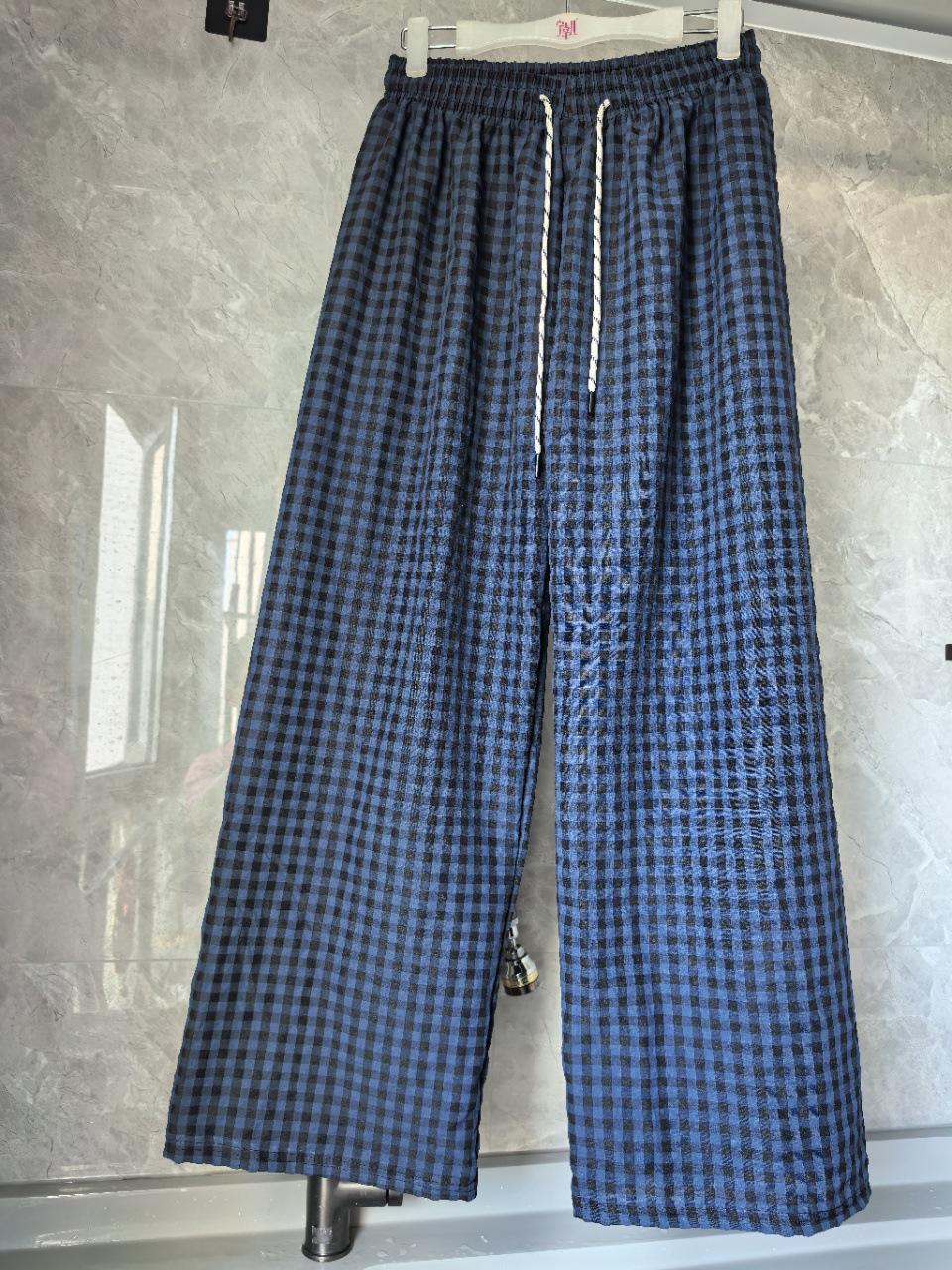 Women s Blue Plaid Wide-Leg Cotton Pants: Summer Casual and Sweet Style for Petite Figures One Size