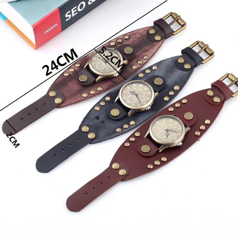 Mens Punk Style Vintage Leather Bracelet Watch With Rivets Wide Cuff Band Casual Fashion