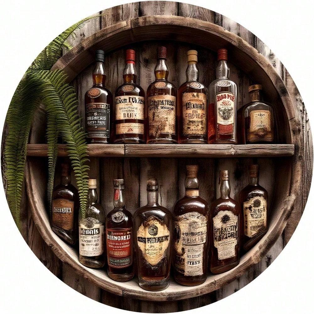 

Vintage Whiskey Barrel Metal Wall Art Sign 12 Round Tin Decor for Bar Pub Man Cave Home 2D Flat Rustic Easy Hang 20x20 різнокольоровий