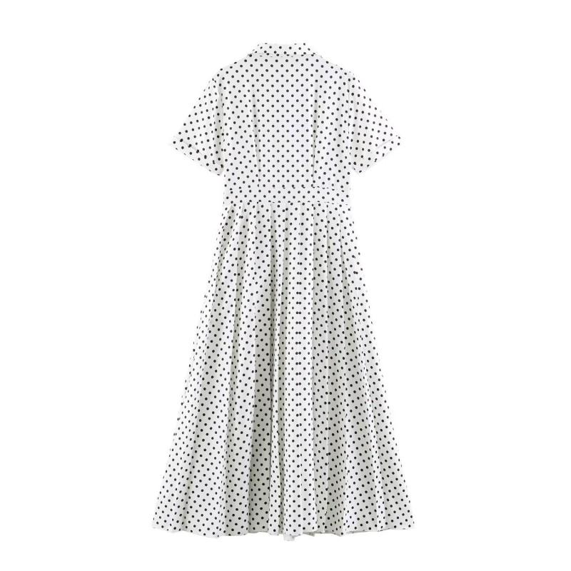 Womens 2026 Elegant V-neck Polka Dot Pleated Midi Dress