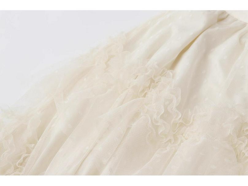 Irregular Wood Ear Lace Polka Dot Mesh Skirt – Women's Autumn/Winter French Style Fluffy Long Cake Skirt