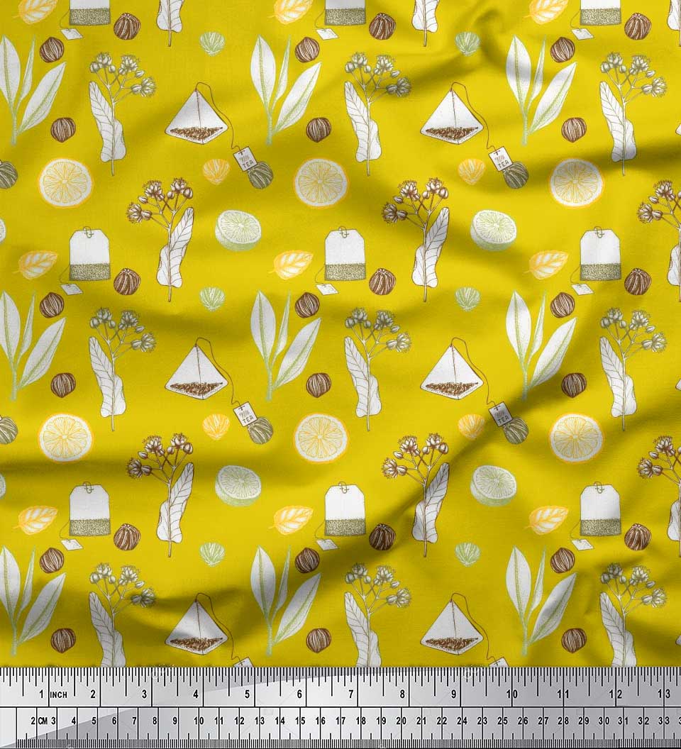 

Чайний пакетик із японської креп-атласної тканини Soimoi Grey, трави та шматочки лимона, тканина з овочевим принтом на метри 42 дюйми 42 Inch Wide - Poly Crepe жовтий