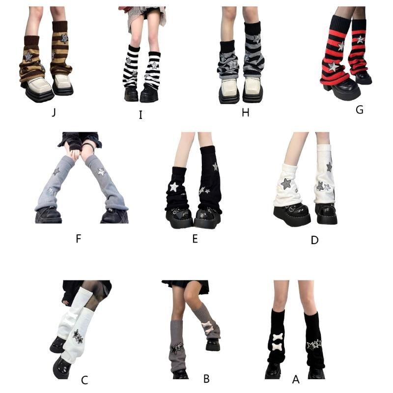 Girls Lolitas Leg Warmers Y2K Star Knitted Flared Leg Sleeves Goth Baggy Cuffs Ankle Heap Socks JK Uniform Foot Cover