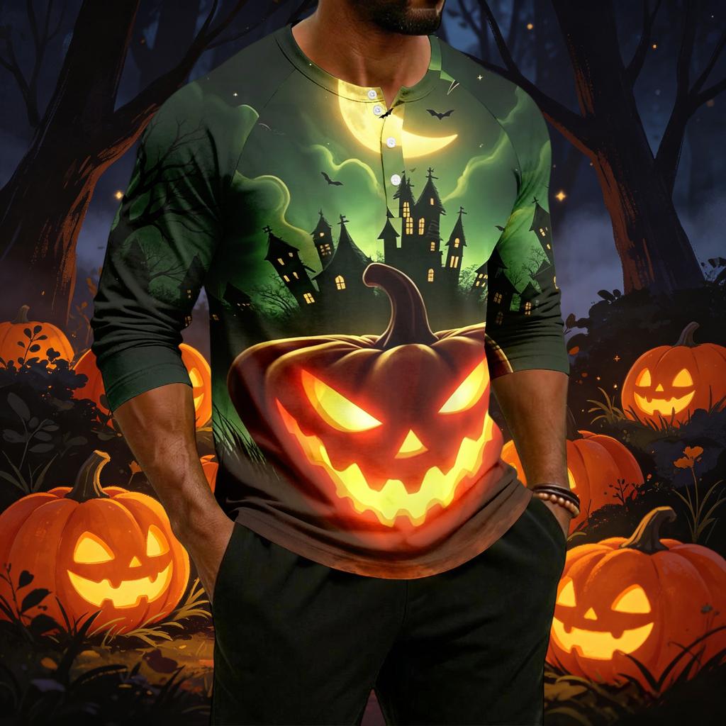 Men's Casual Shirt with Raglan Three-Quarter Sleeve, Halloween Graphic Print