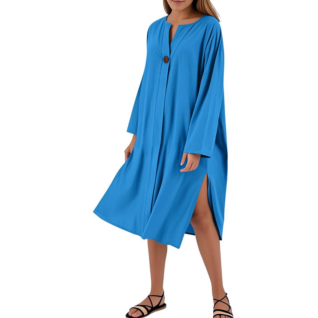 Women's Dresses Loose Casual Solid Color V-Neck Button Long Dresses