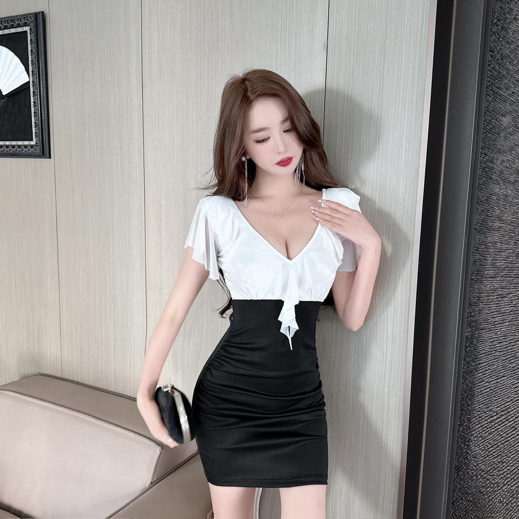 Women's Work Clothing Store Low-cut Sexy Mesh Splicing Lotus Leaf Bottom Short Sleeve Hip Wrap Dress