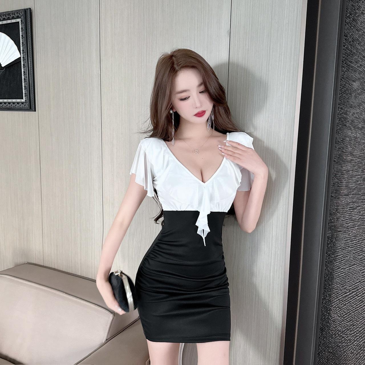 

Women s Work Clothing Store Low-cut Sexy Mesh Splicing Lotus Leaf Bottom Short Sleeve Hip Wrap Dress S белый