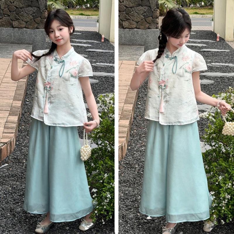 Mädchen Sommer 2026 Chinesischer Stil Hanfu Set: Oberteil mit Stehkragen & Hose mit weitem Bein