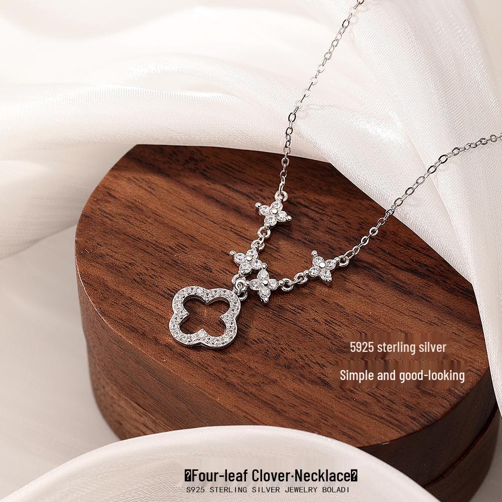S925 Korean Sweet Hollow Four-Leaf Clover Necklace - Elegant Clavicle Chain Jewelry with Niche Fashion Design