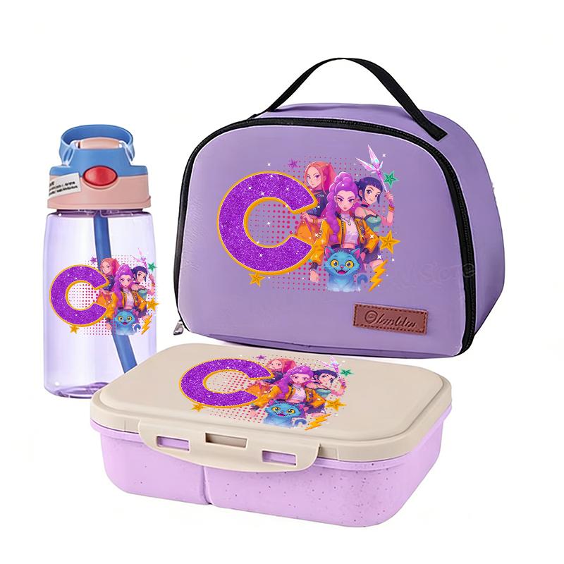 Kpop Dämonenjäger Bento-Box+Lunchtasche+Wasserflasche 3er-Set RUMI ZOEY Cartoon Schüler Schulsachen Lebensmittelbehälter Trinkgeschirr