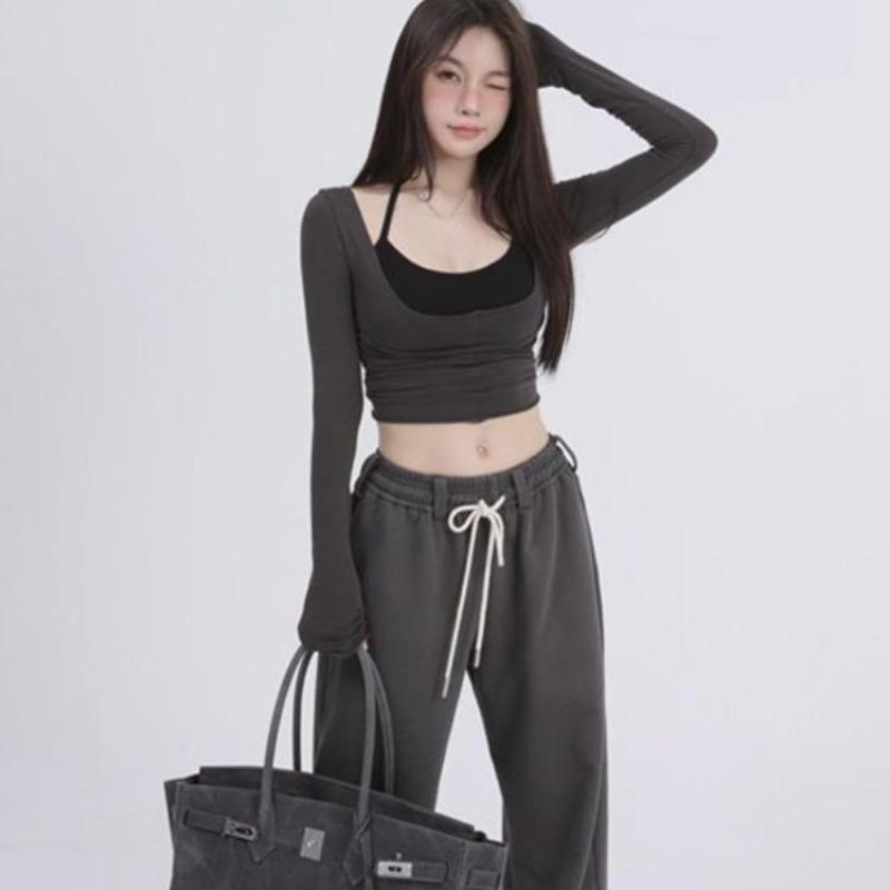 2KWEIRD Set Două Piese Estetică Y2k Harajuku Tricouri Halter Mânecă Lungă Tricouri Femme All Match Top Patchwork cu Bretele Spaghetti Femei