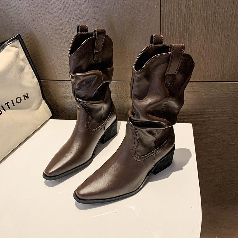 Premium Spice Girls Pointed Martin Boots Women's Autumn and Winter New Thick Heel Pleated Pile Medium Boots British Skinny Boots