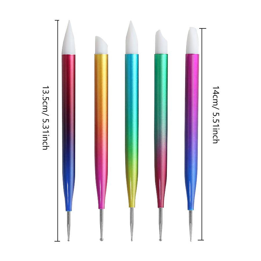 5Pcs Dual Heads Gradient Dotting Pen Brush with Silicone Rhinestones Gem Picker Crystal Picking Manicure Nail Art Tools
