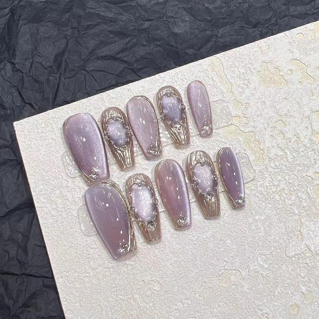 100 % HANDGEMACHTES künstliches Nagelset mit Kleber, Bachilati Magic Mirror, lila Katzenauge, kurzer Stil, blinkende Phototherapie-Nägel, wiederverwendbare und abnehmbare Nägel