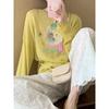 Unique and Beautiful Age-reducing Top Loose and Lazy Style Casual Yellow Kitten Print Long-sleeved Sunscreen Blouse Women's Summer