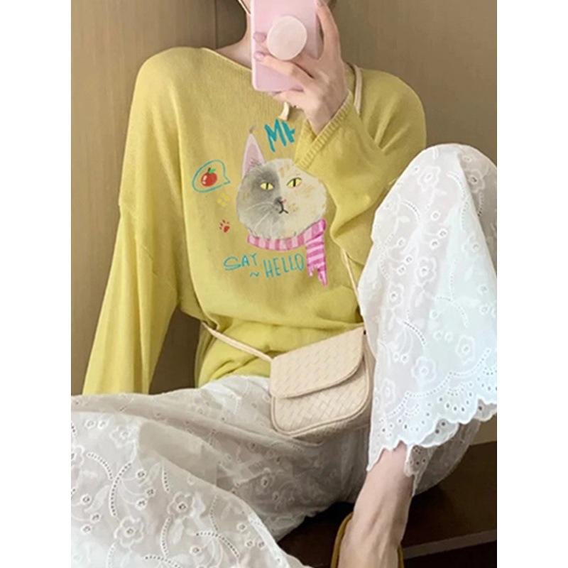 Unique and Beautiful Age-reducing Top Loose and Lazy Style Casual Yellow Kitten Print Long-sleeved Sunscreen Blouse Women's Summer