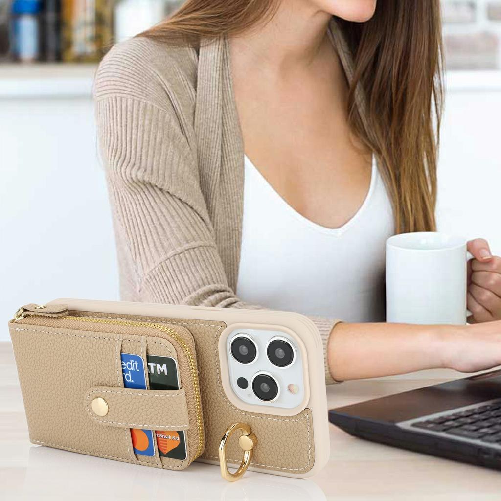 For iPhone 13 Pro Max/12 Pro Max Case with Zipper Pouch/Ring Kickstand/Strap Litchi Texture PU + TPU Phone Cover