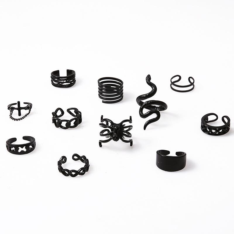 Gun Black Snake-shaped Spider Joint Ring Exaggerated Punk Style 11-piece Set