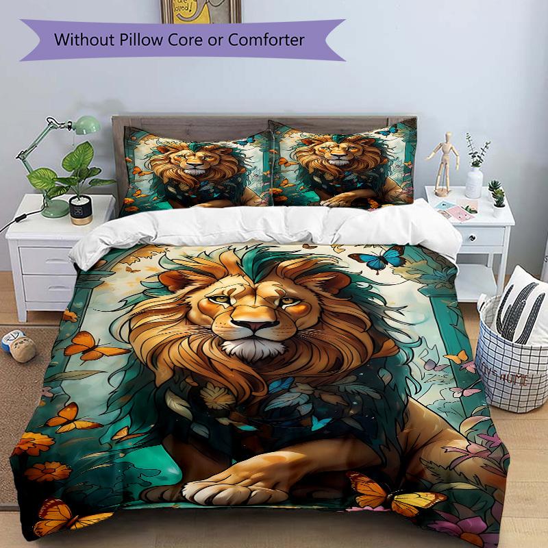 3-teiliges Löwe, Schmetterling Bettwäsche-Set, Bezug für Schlafzimmer Gästezimmer (1 Bettbezug + 2 Kissenbezüge, ohne Steppdecke), yy250922099