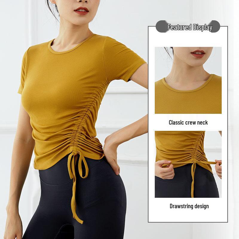 Damen Slim-Fit Kurzarm-Sweatshirt mit Kordelzug für Laufen, Outdoor-Sport und Yoga