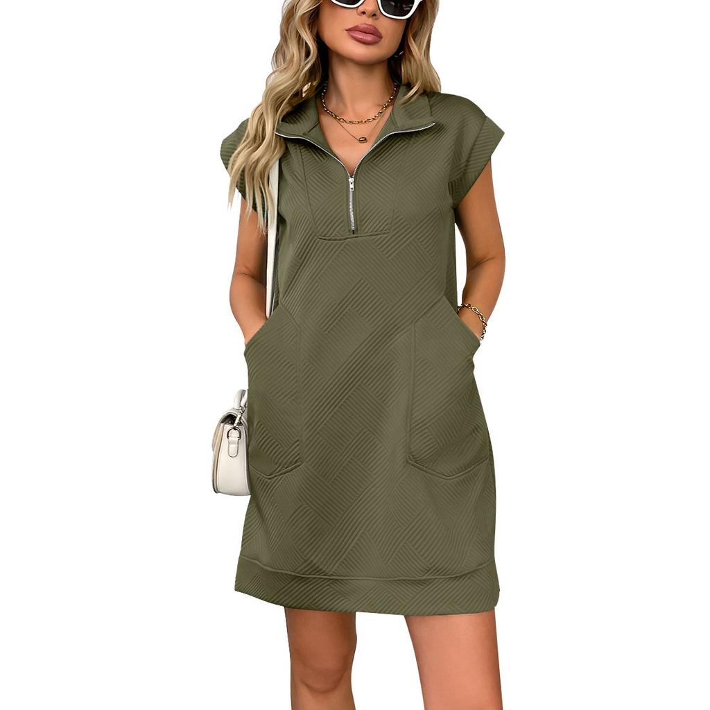 Summer New Women's Lapel Zipper Pocket Loose Straight Midi Dress, European & American Style Casual Dress for Crossborder