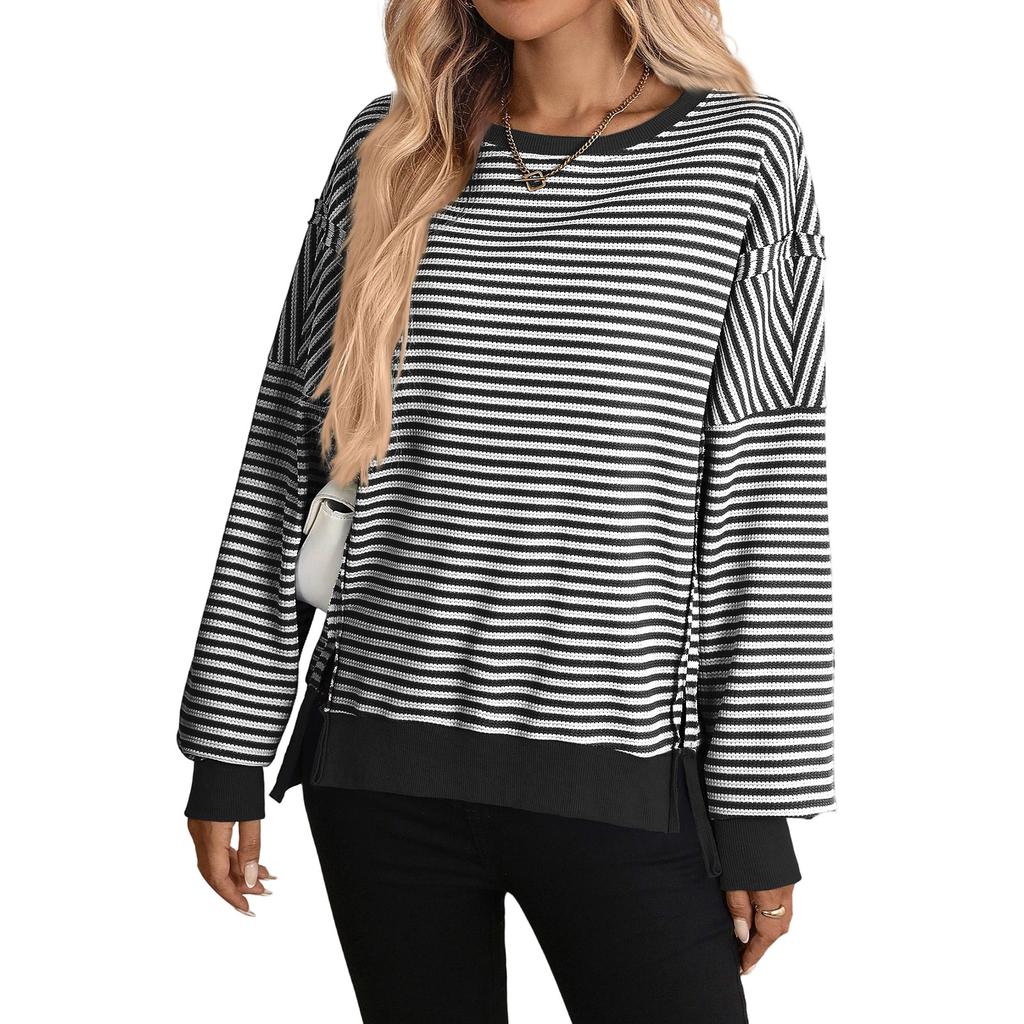 Women's Long Sleeve Striped Neck Sweatshirt, Casual Loose Fit Pullover