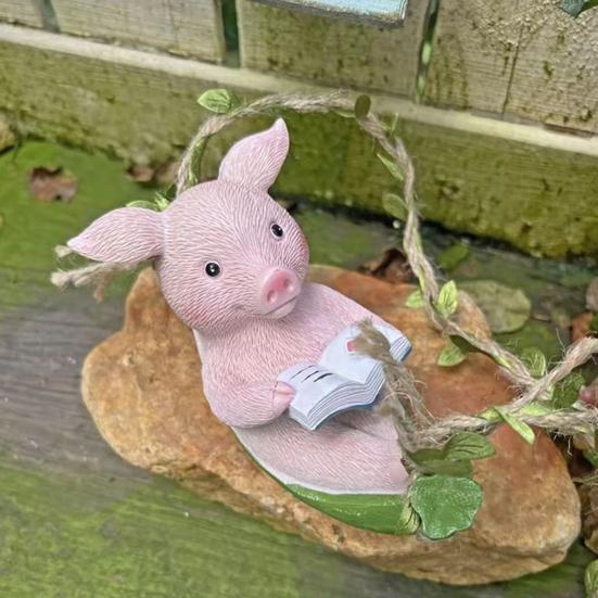 Hanging Resin Pig Figurine Cute Piggy Lying in Hammock Reading Book Hanging Animal