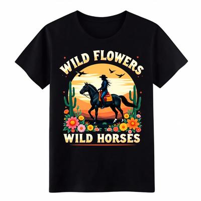 Vintage Wildblumen Wildpferde Unisex T-Shirt Lässiges Westliches Trendiges Tee