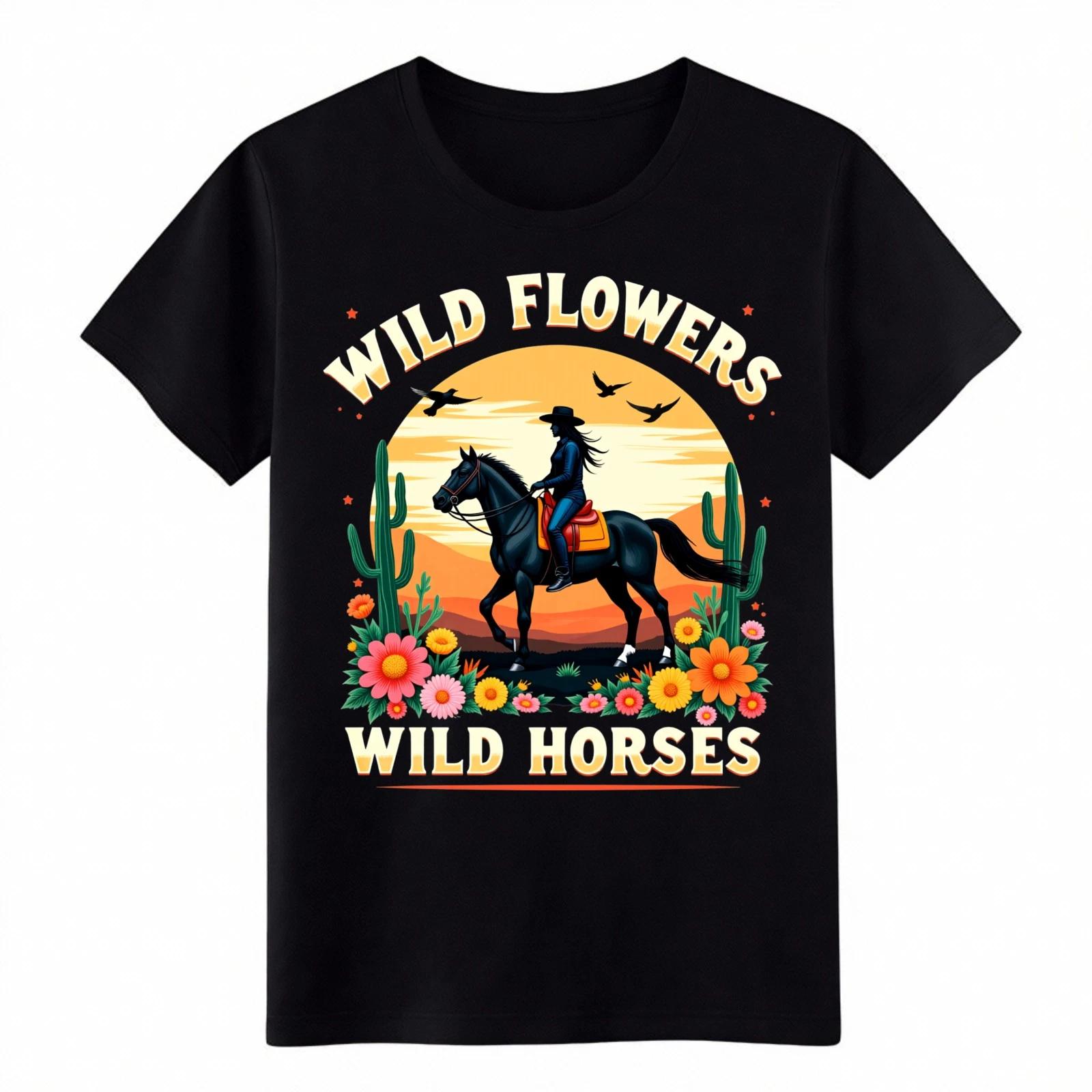 

Vintage Wild Flowers Wild Horses Unisex T-Shirt Casual Western Trendy Tee L