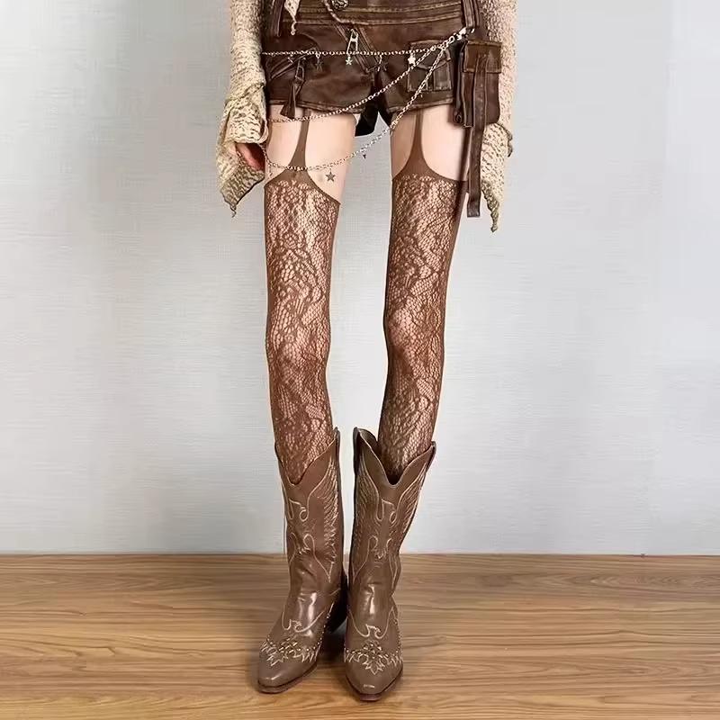 Lolita Sweet Girls Punk Style Floral Tights Colorful Thigh High Stockings Sheer Fishnet Suspender Tights Garter Belt Pantyhose