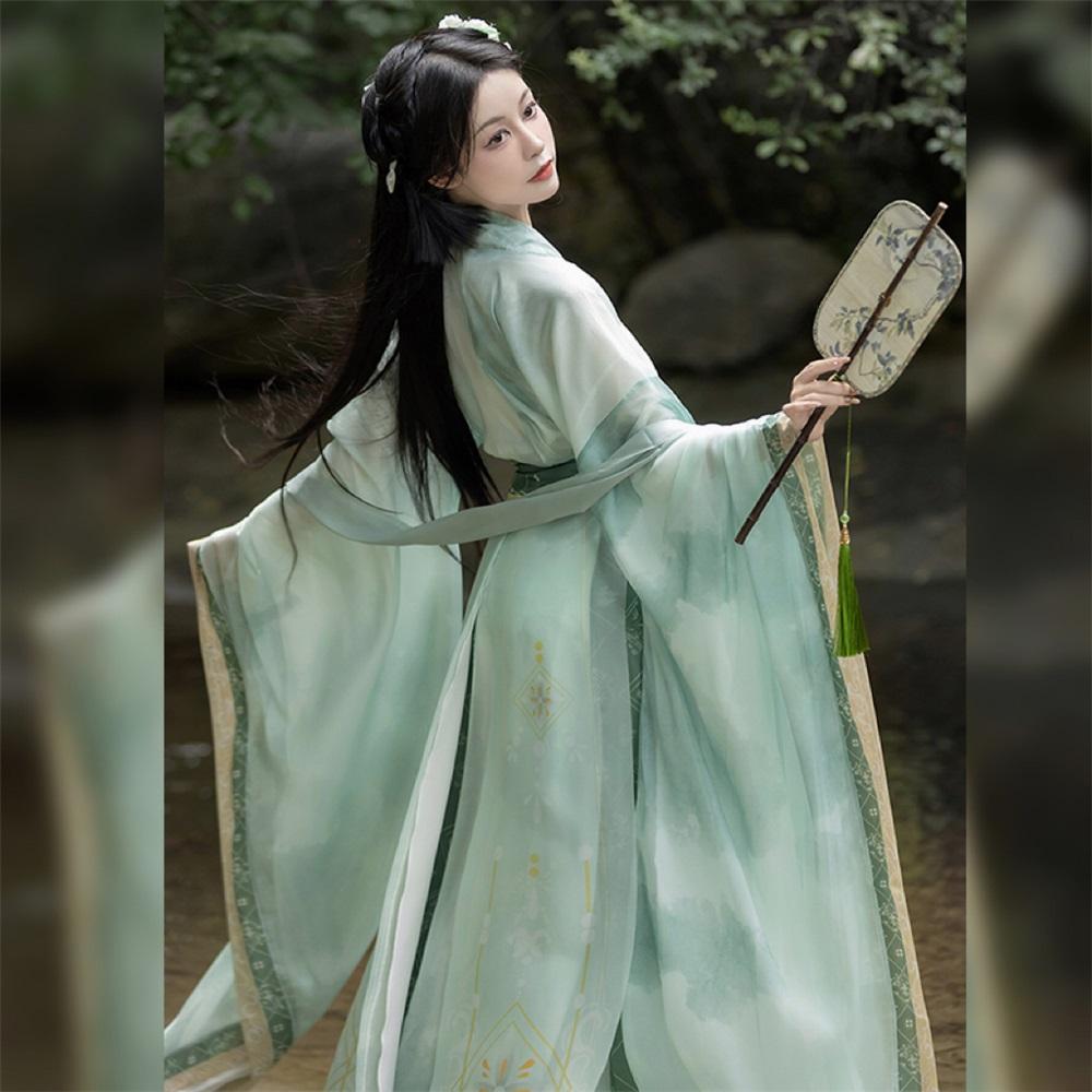 Hanfu de style chinois pour femmes des dynasties Wei et Jin, col croisé, manches larges, costume jupe une pièce