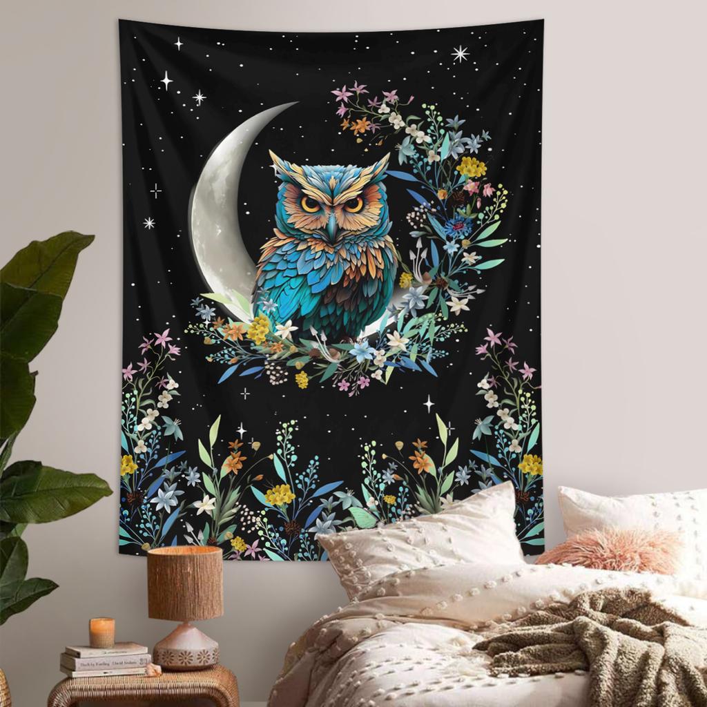 1pc Bohemian Owl Floral Aesthetic Tapestry, Moon and Starry Sky Tapestry, Cute Owl Plant Floral Plant Room Tapestry