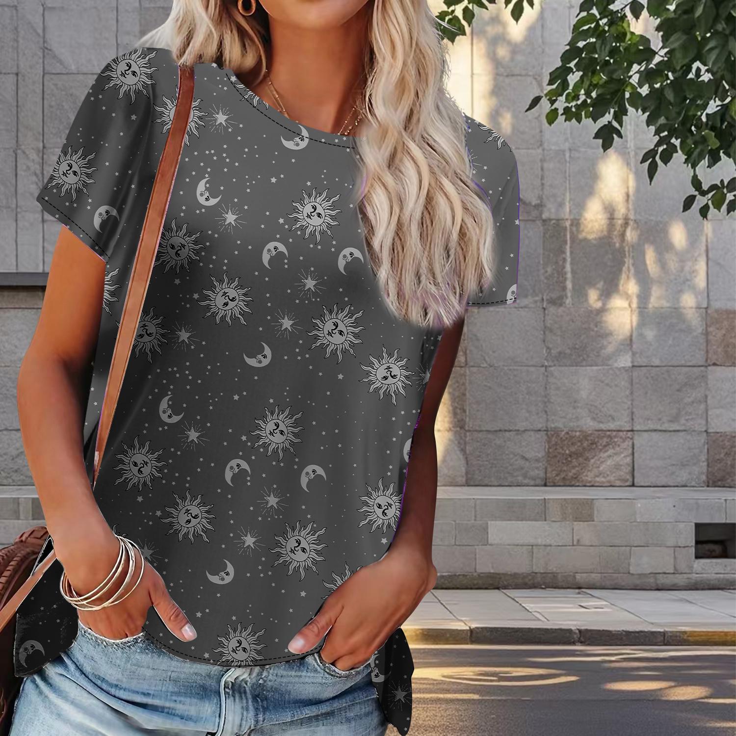 

Женская летняя футболка с принтом «звезда, луна», ретро-мода, футболки с коротким рукавом, повседневные топы с принтом 8XL чёрный