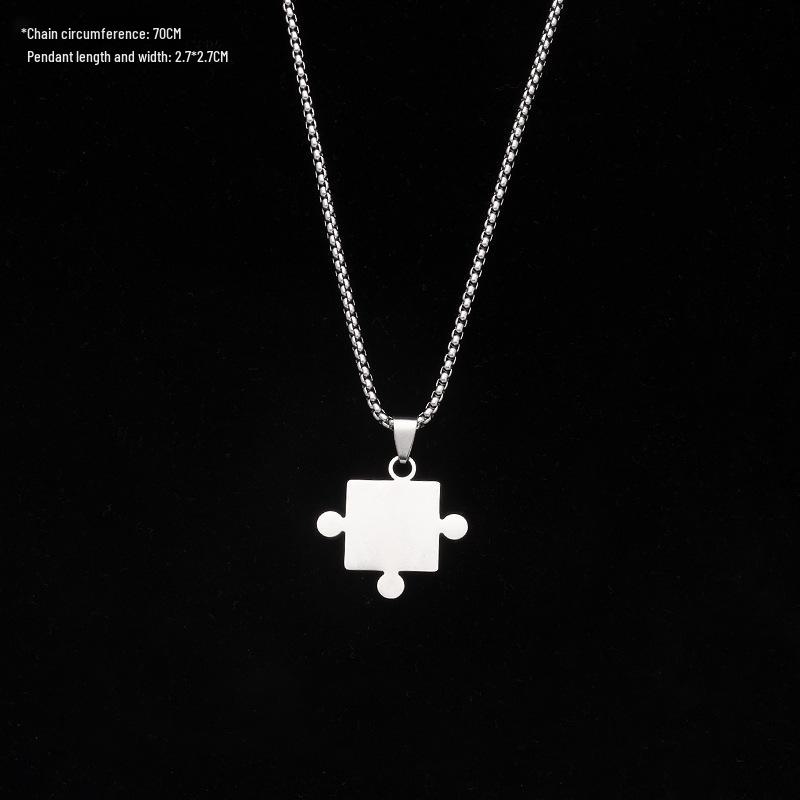 Unisexowy naszyjnik z puzzli: Łańcuszek ze stali tytanowej Hip-Hop - Odporny na blaknięcie wisiorek dla par, letnia biżuteria w chłodnym stylu.