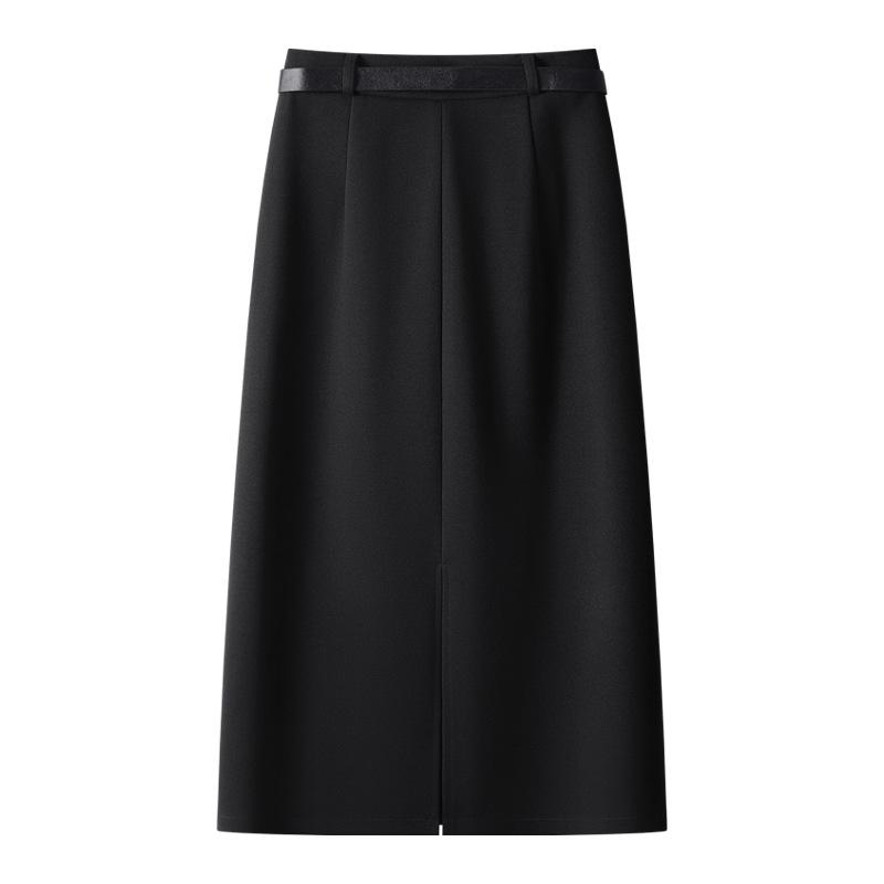 Women's 2024 Khaki Wool Midi Skirt: New Autumn/Winter Straight-Cut, Mid-Length Slit, Bodycon Design.