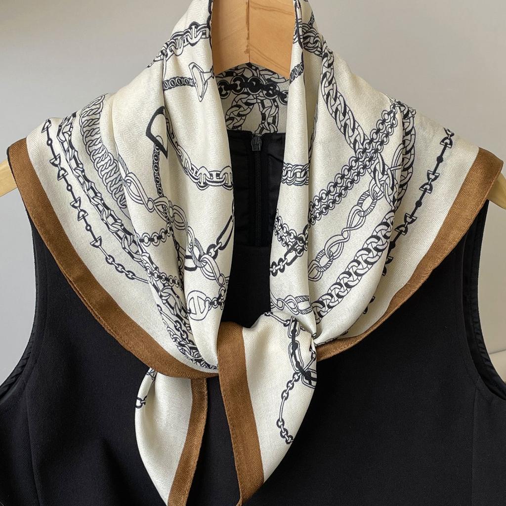 Old money style printed silk scarf retro brown scarf neck square scarf fashionable versatile herringbone pattern cotton and linen silk scarf