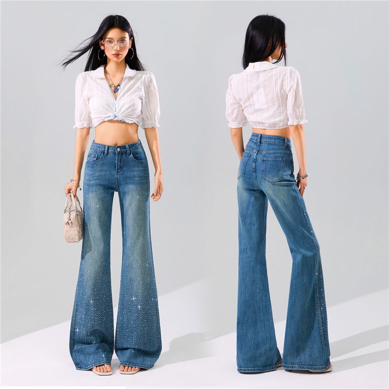 Spring Summer Trendy Bling Full Star Rhinestone Soft Comfort Relax Micro Flare Wide Leg Denim Pants For Women Casual Pants Oversize Denim Trousers