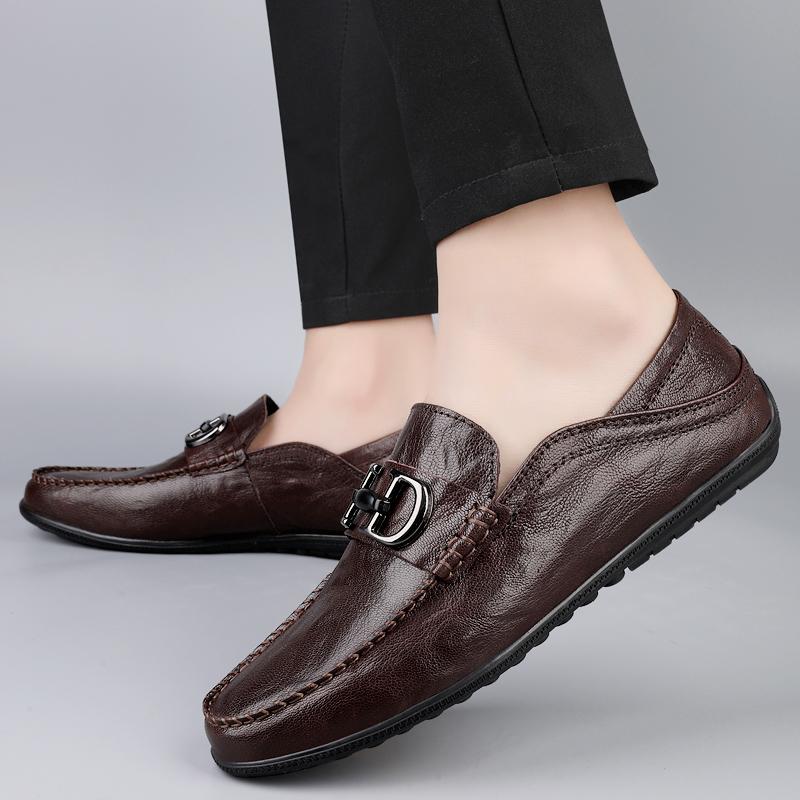 Luxury Brand Top Layer Cowhide Bean Shoes High-quality Flat Bottomed Soft Comfort Travel Shoes Men Business Genuine Leather Shoe