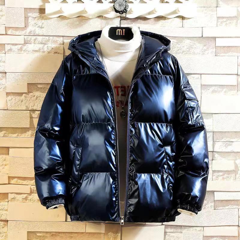 Men's 2021 Winter Thickened Cotton-Padded Stand-Up Collar Shiny Youth Loose Hooded Jacket.