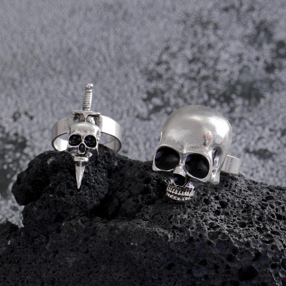 Punk Exaggerated Sliver Color Stereo Skull Open Ring for Men Women Hip-hop Gothic Halloween Party Finger Jewelry Accessory Gift