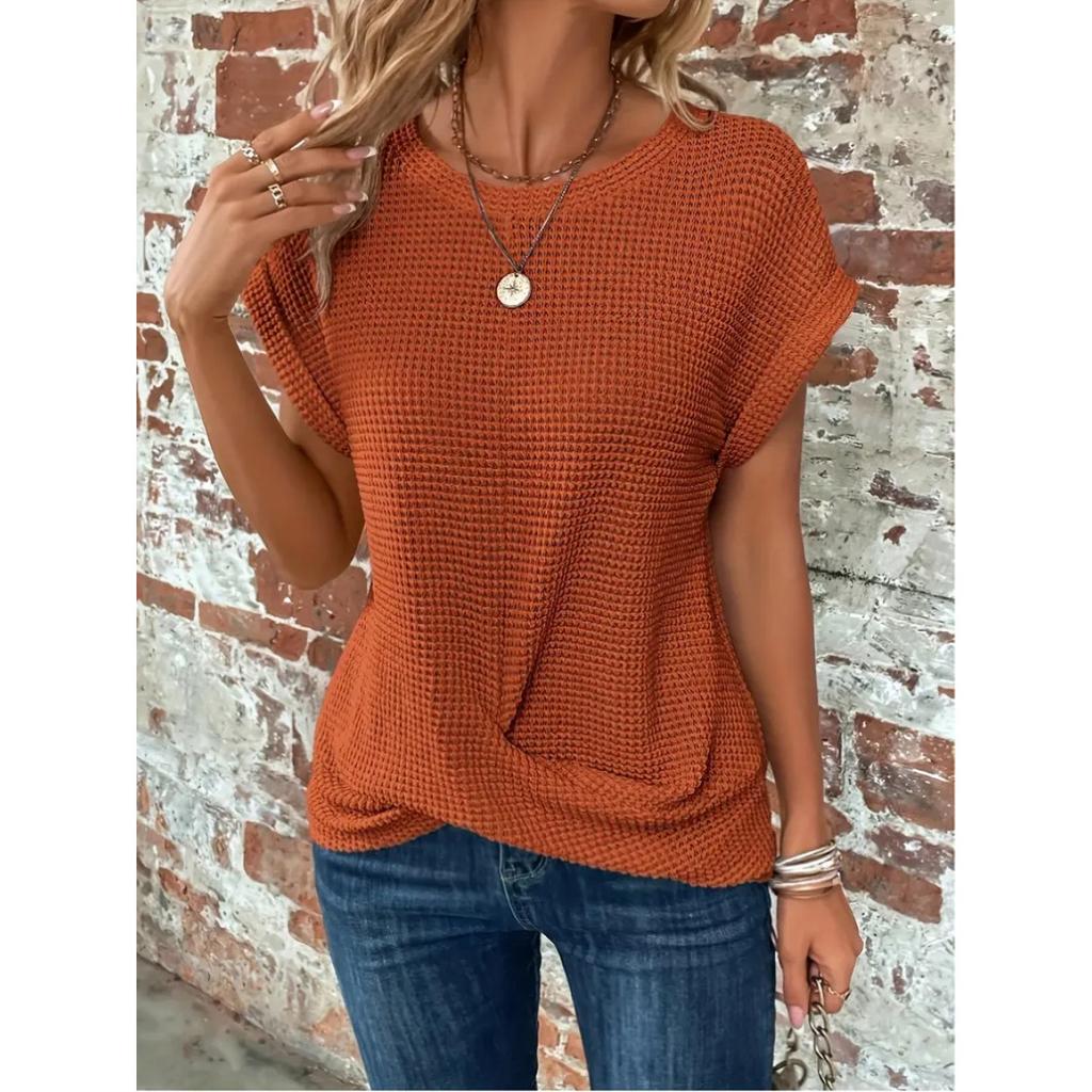 Spring and Summer New Solid Color Round Neck T-shirt Elegant Short Twist Top Women's Clothing