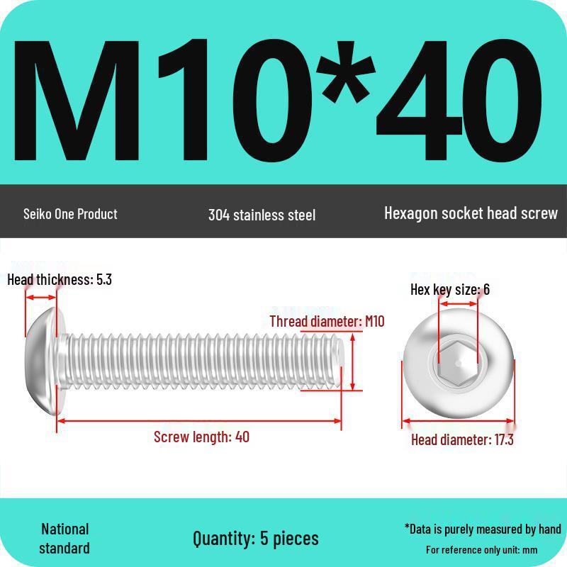 304 Stainless Steel Pan, Half, and Round Head Hexagon Screws (M2-M12)