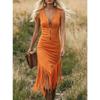 Women Retro Western Cowgirl Sleeveless Slim Fit Fringe Hem Irregular Midi Dress