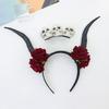 Skull Sheep Horn Hairband Halloween Red Rose Headband Flower Crown Ox Horns Headband  Festival Wear
