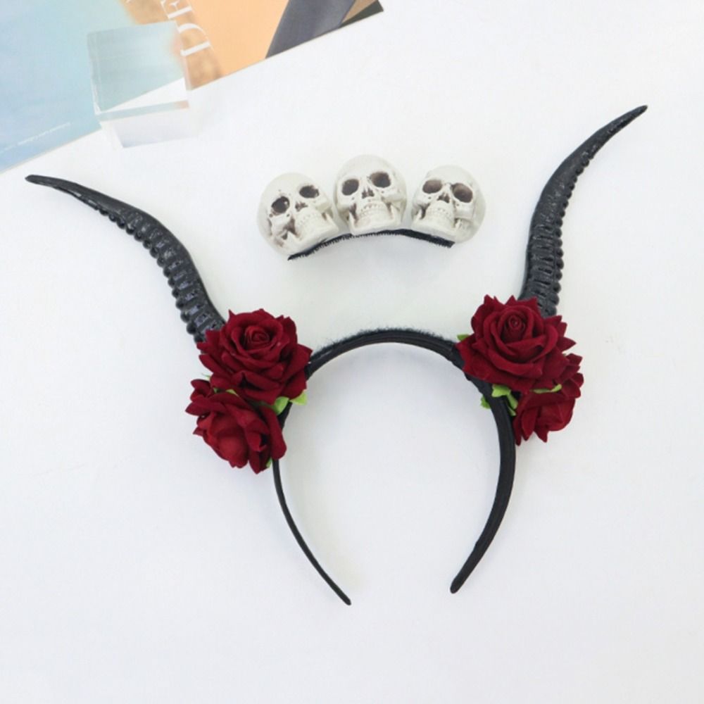 Skull Sheep Horn Hairband Halloween Red Rose Headband Flower Crown Ox Horns Headband  Festival Wear