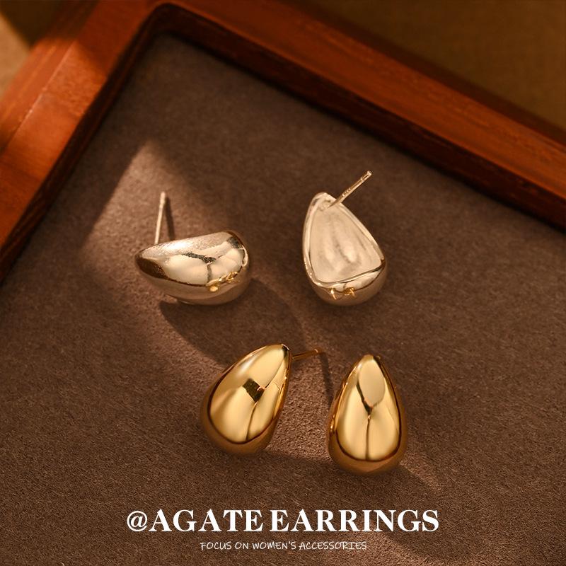 S925 Silver Teardrop Stud Earrings with Brass Texture - European and American Style